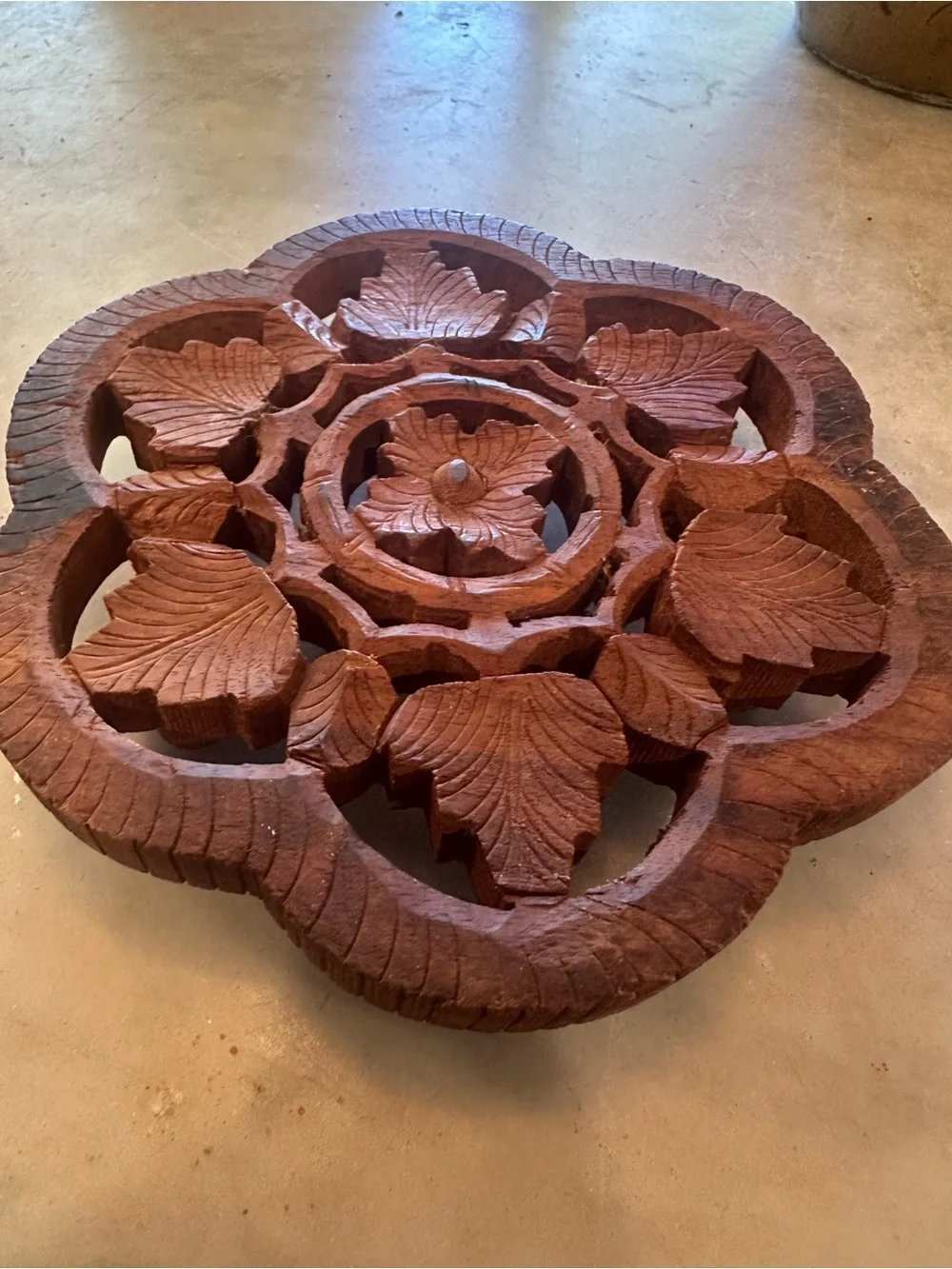 Hand-Carved made in India Wooden Floral Trivet - Brown